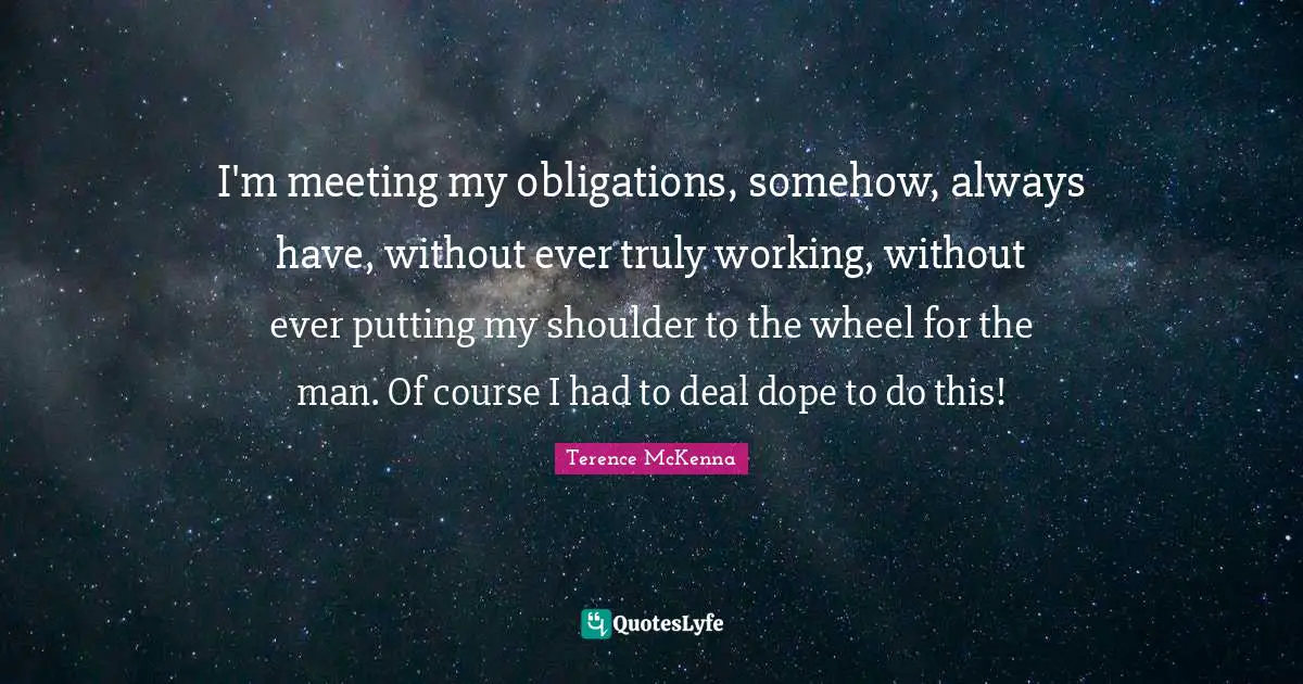 I'm meeting my obligations, somehow, always have, without ever truly working, without ever putting my shoulder to the wheel for the man. Of course I had to deal dope to do this!