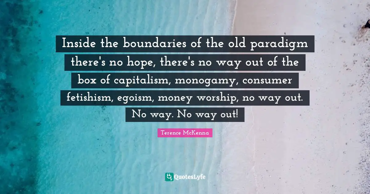 Monogamy Quotes: "Inside the boundaries of the old paradigm there's no hope, there's no way out of the box of capitalism, monogamy, consumer fetishism, egoism, money worship, no way out. No way. No way out!"