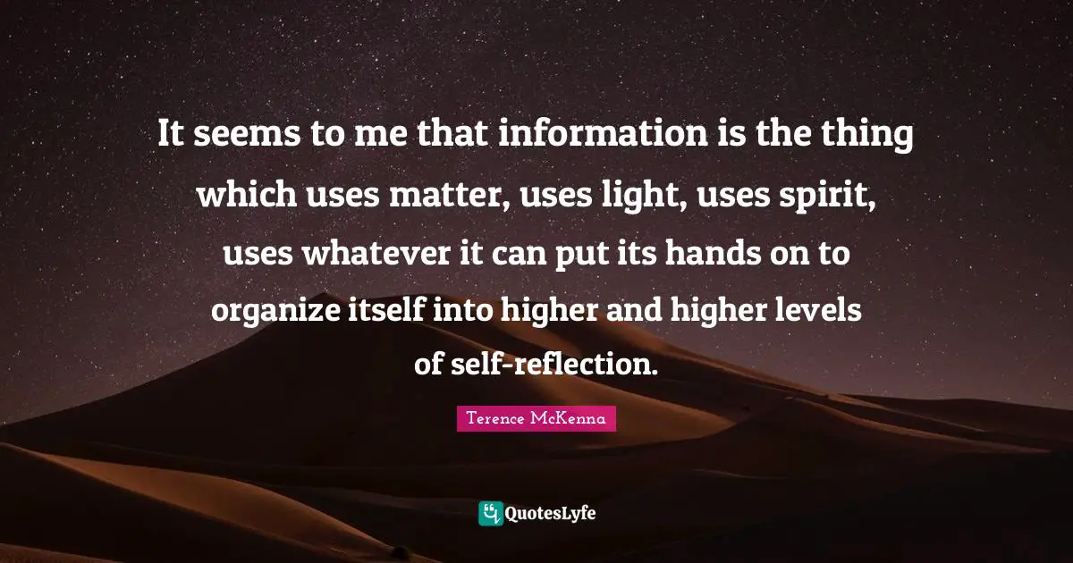 Self Reflection Quotes: "It seems to me that information is the thing which uses matter, uses light, uses spirit, uses whatever it can put its hands on to organize itself into higher and higher levels of self-reflection."
