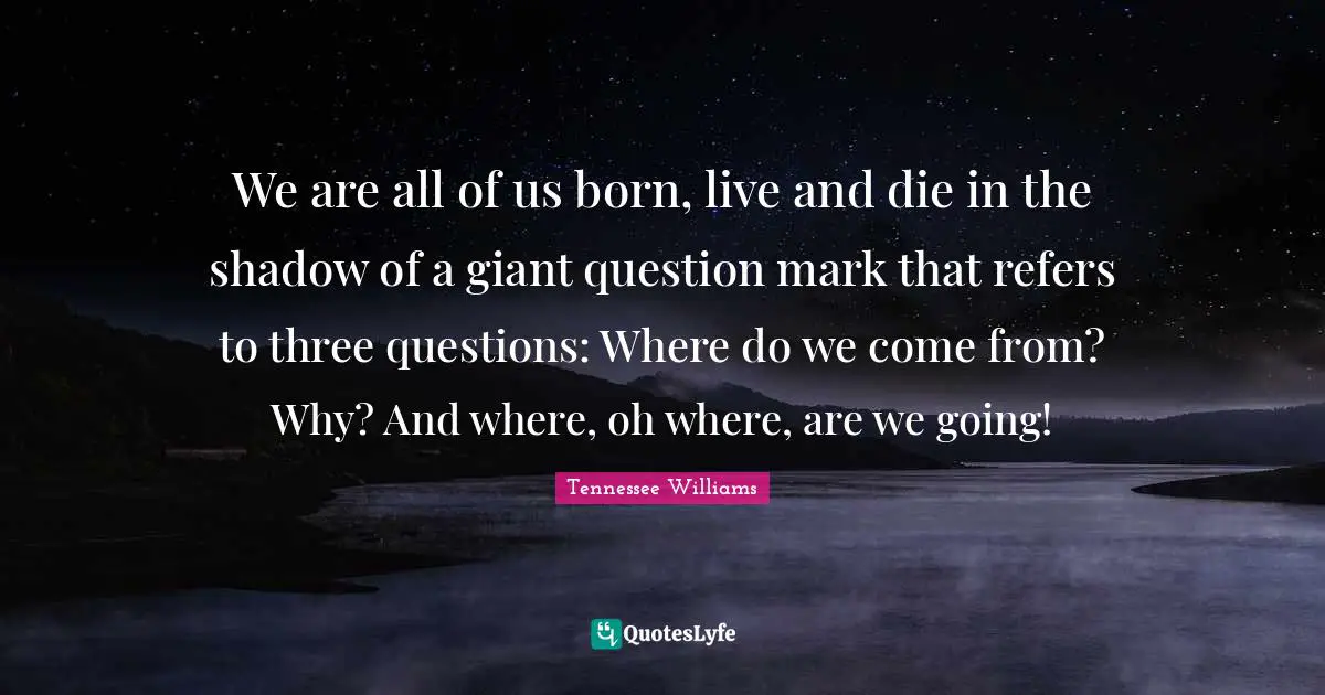 We are all of us born, live and die in the shadow of a giant question mark that refers to three questions: Where do we come from? Why? And where, oh where, are we going!