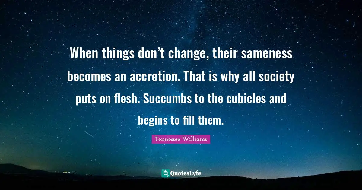 When things don’t change, their sameness becomes an accretion. That is why all society puts on flesh. Succumbs to the cubicles and begins to fill them.