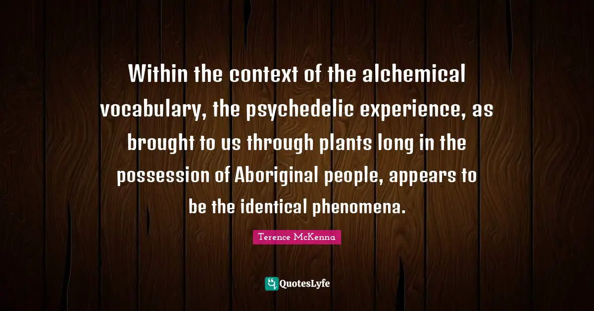 Within the context of the alchemical vocabulary, the psychedelic experience, as brought to us through plants long in the possession of Aboriginal people, appears to be the identical phenomena.