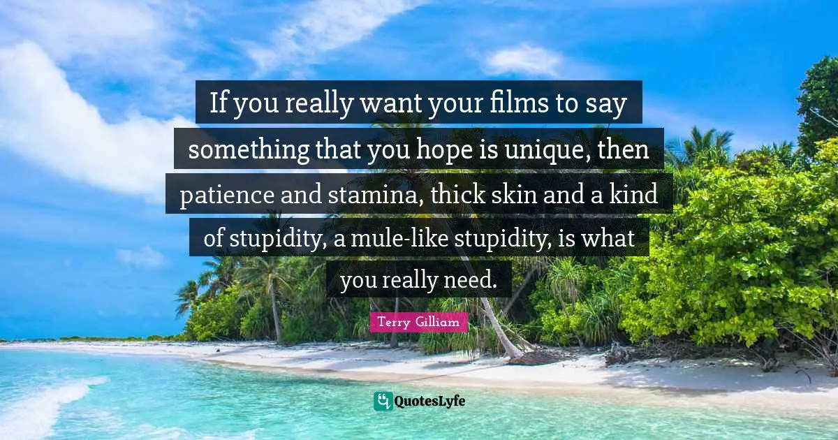 If you really want your films to say something that you hope is unique, then patience and stamina, thick skin and a kind of stupidity, a mule-like stupidity, is what you really need.