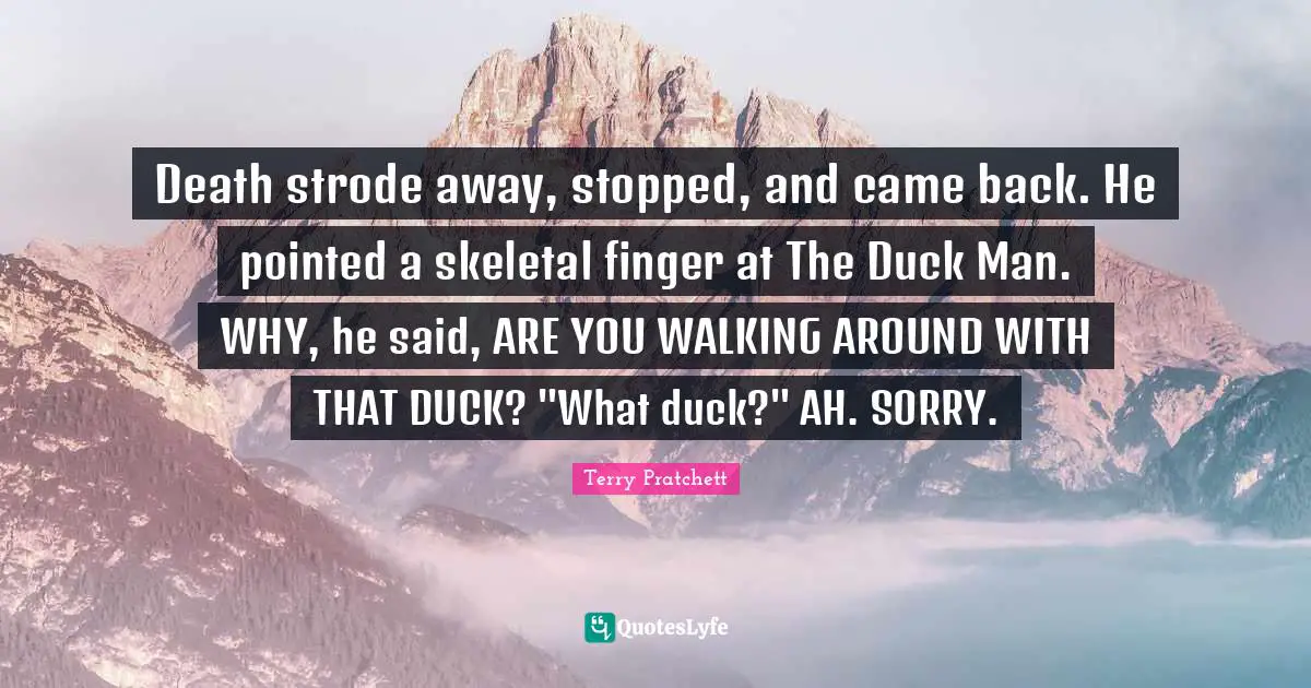 Death strode away, stopped, and came back. He pointed a skeletal finger at The Duck Man. WHY, he said, ARE YOU WALKING AROUND WITH THAT DUCK? "What duck?" AH. SORRY.