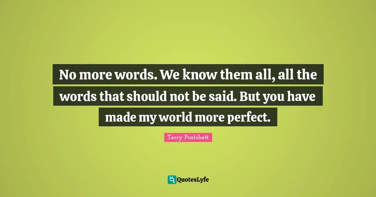 No more words. We know them all, all the words that should not be said. But you have made my world more perfect.