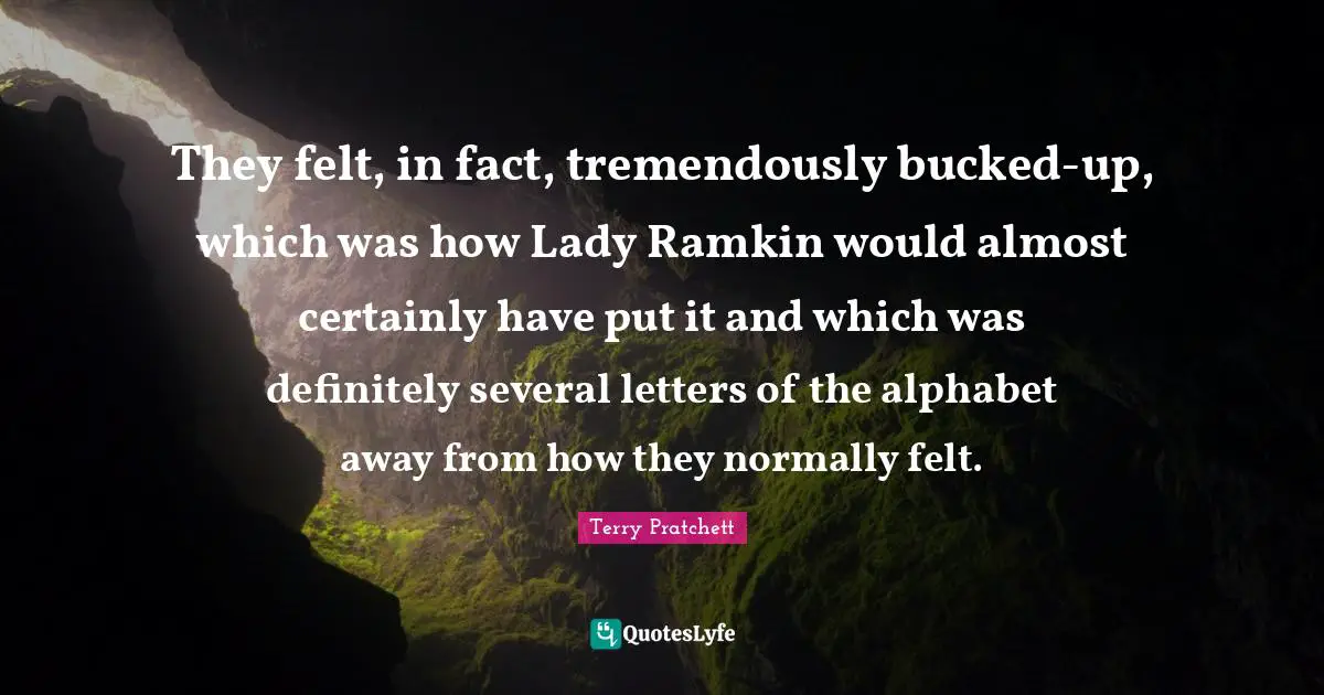 They felt, in fact, tremendously bucked-up, which was how Lady Ramkin would almost certainly have put it and which was definitely several letters of the alphabet away from how they normally felt.