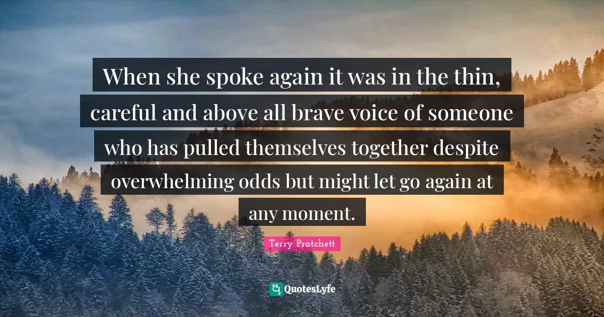 When she spoke again it was in the thin, careful and above all brave voice of someone who has pulled themselves together despite overwhelming odds but might let go again at any moment.