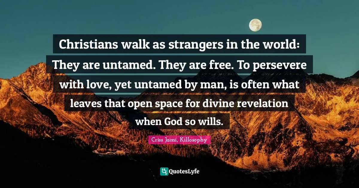 Christians walk as strangers in the world: They are untamed. They are free. To persevere with love, yet untamed by man, is often what leaves that open space for divine revelation when God so wills.
