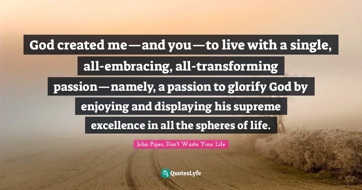 God created me—and you—to live with a single, all-embracing, all-transforming passion—namely, a passion to glorify God by enjoying and displaying his supreme excellence in all the spheres of life.