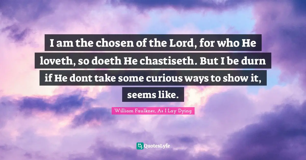 I am the chosen of the Lord, for who He loveth, so doeth He chastiseth. But I be durn if He dont take some curious ways to show it, seems like.