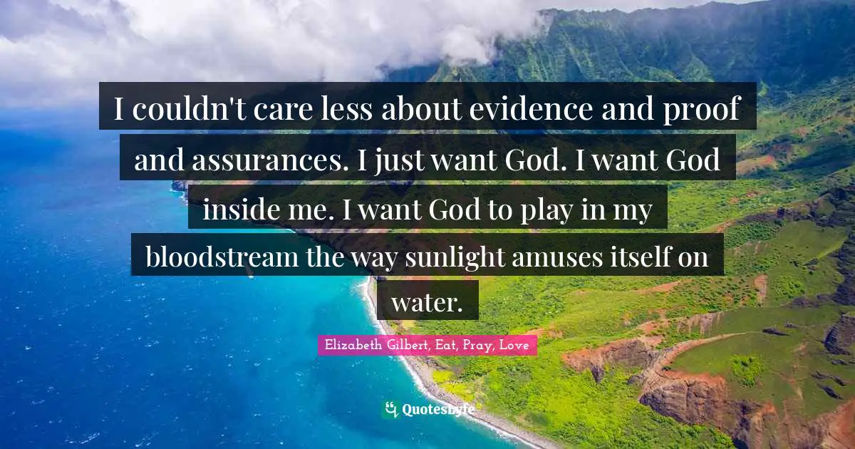 I couldn't care less about evidence and proof and assurances. I just want God. I want God inside me. I want God to play in my bloodstream the way sunlight amuses itself on water.