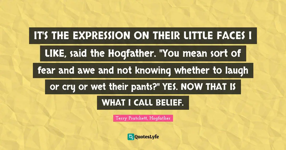IT'S THE EXPRESSION ON THEIR LITTLE FACES I LIKE, said the Hogfather. "You mean sort of fear and awe and not knowing whether to laugh or cry or wet their pants?" YES. NOW THAT IS WHAT I CALL BELIEF.