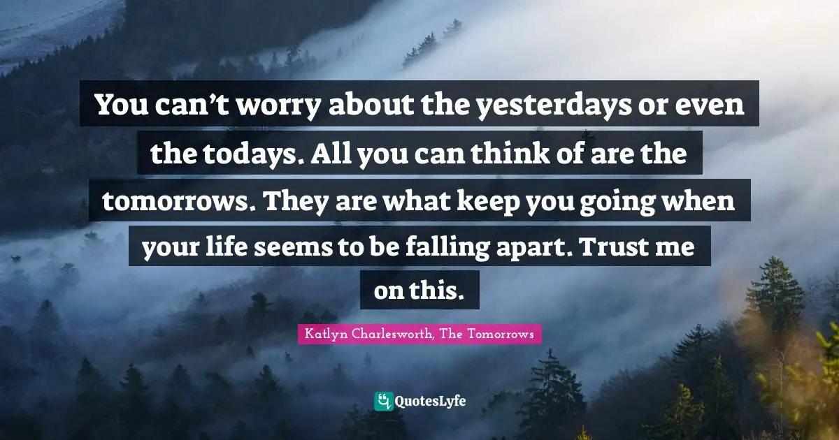 You can’t worry about the yesterdays or even the todays. All you can think of are the tomorrows. They are what keep you going when your life seems to be falling apart. Trust me on this.
