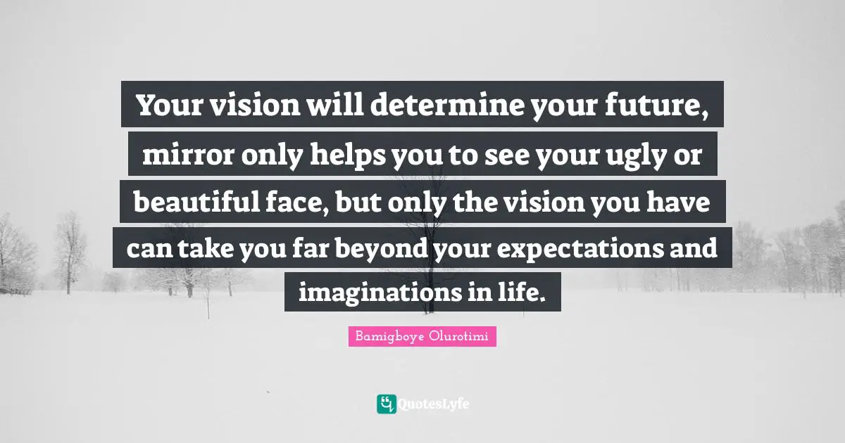 Your vision will determine your future, mirror only helps you to see your ugly or beautiful face, but only the vision you have can take you far beyond your expectations and imaginations in life.