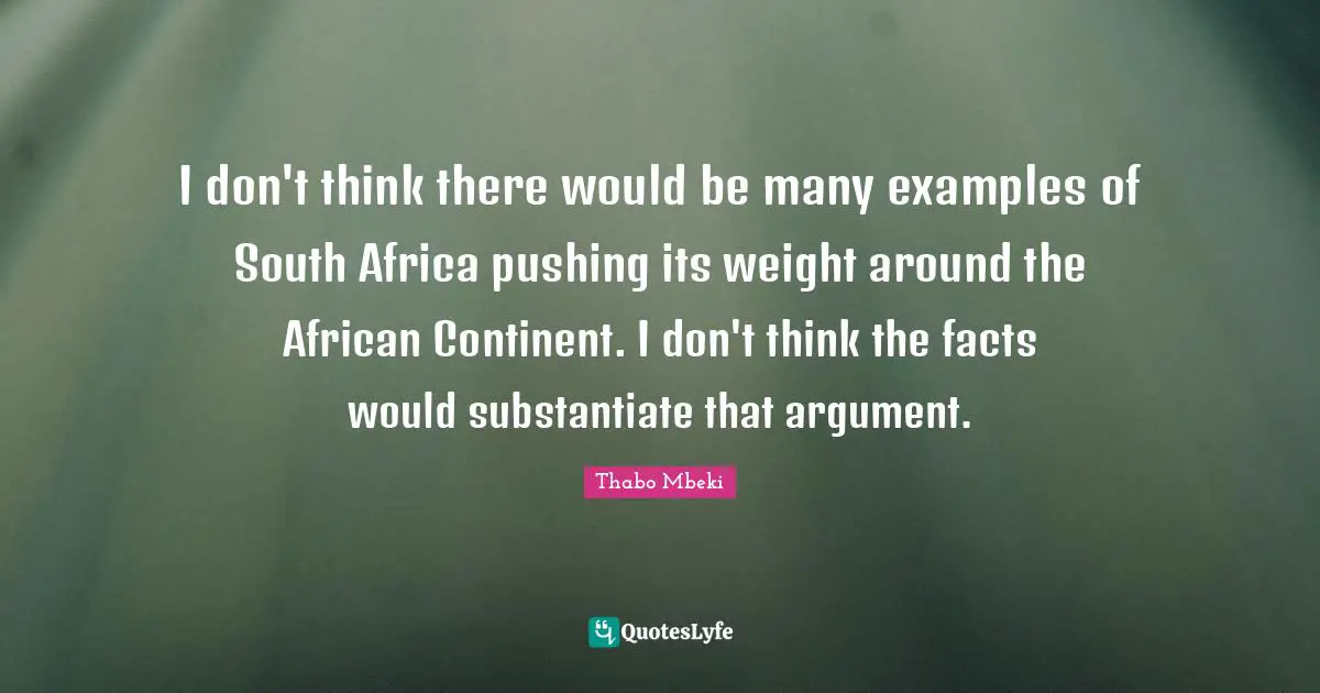 I don't think there would be many examples of South Africa pushing its weight around the African Continent. I don't think the facts would substantiate that argument.