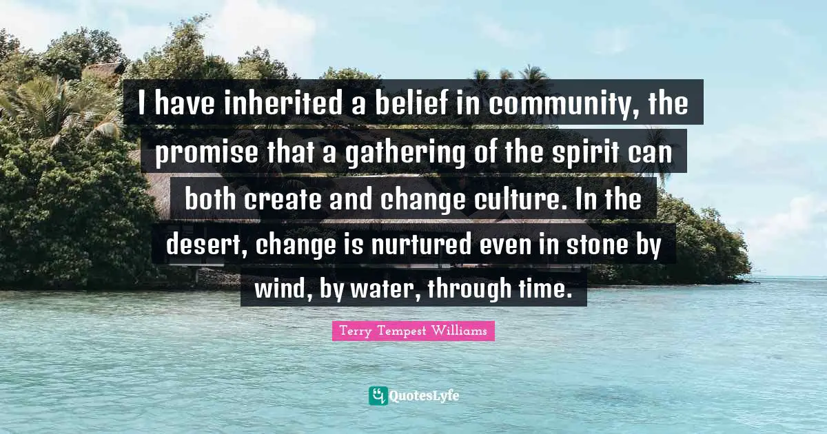 I have inherited a belief in community, the promise that a gathering of the spirit can both create and change culture. In the desert, change is nurtured even in stone by wind, by water, through time.