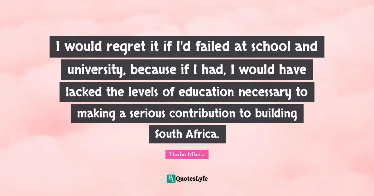 I would regret it if I'd failed at school and university, because if I had, I would have lacked the levels of education necessary to making a serious contribution to building South Africa.