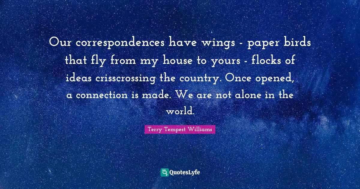 Our correspondences have wings - paper birds that fly from my house to yours - flocks of ideas crisscrossing the country. Once opened, a connection is made. We are not alone in the world.