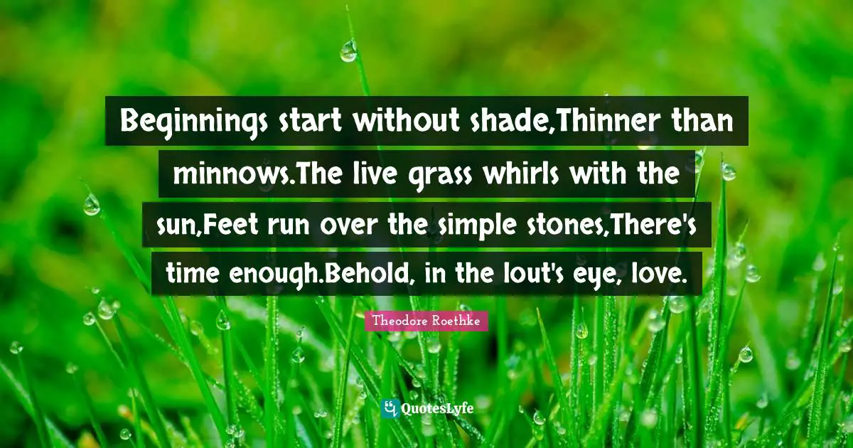 Beginnings start without shade,Thinner than minnows.The live grass whirls with the sun,Feet run over the simple stones,There's time enough.Behold, in the lout's eye, love.