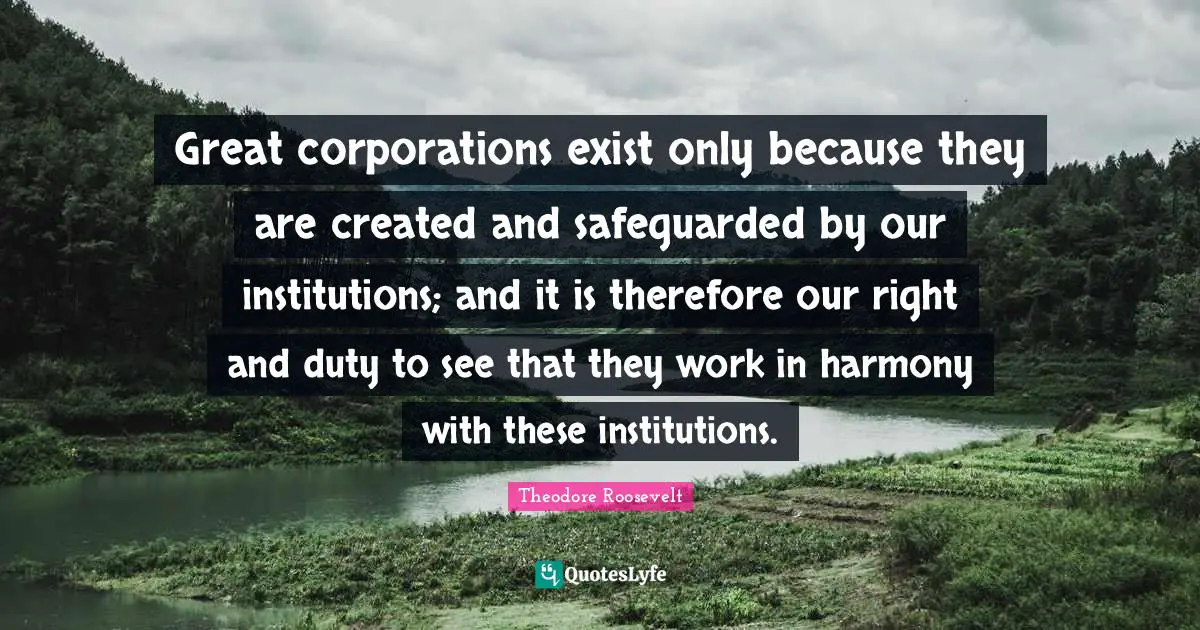 Great corporations exist only because they are created and safeguarded by our institutions; and it is therefore our right and duty to see that they work in harmony with these institutions.