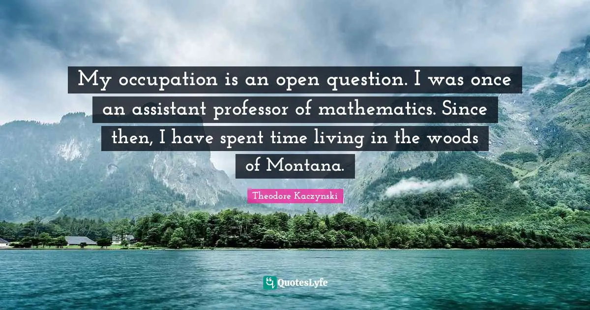 My occupation is an open question. I was once an assistant professor of mathematics. Since then, I have spent time living in the woods of Montana.