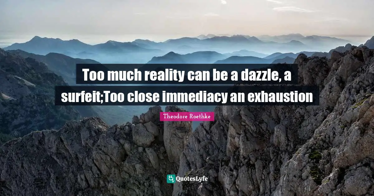 Theodore Roethke Quotes: "Too much reality can be a dazzle, a surfeit;Too close immediacy an exhaustion"