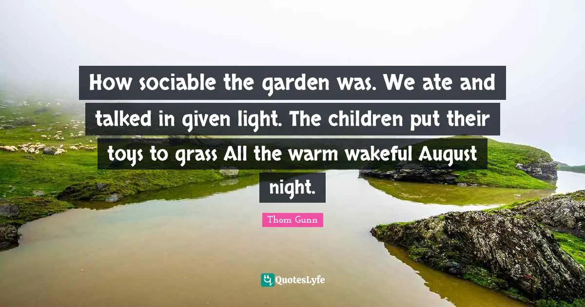 How sociable the garden was. We ate and talked in given light. The children put their toys to grass All the warm wakeful August night.