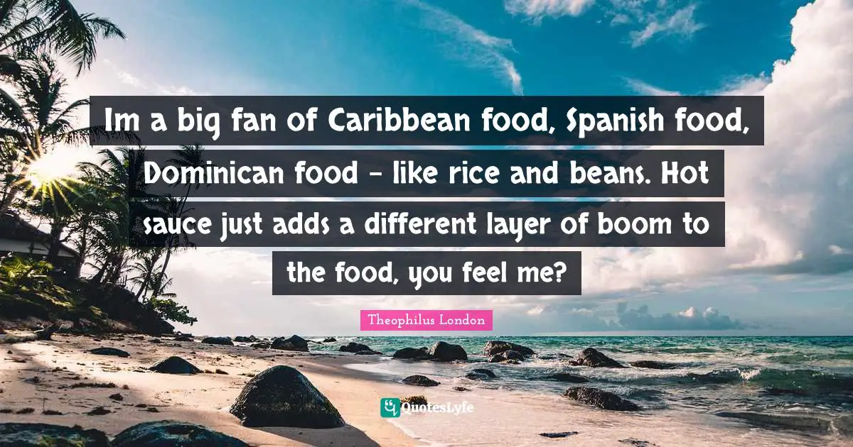 Theophilus London Quotes: "Im a big fan of Caribbean food, Spanish food, Dominican food - like rice and beans. Hot sauce just adds a different layer of boom to the food, you feel me?"