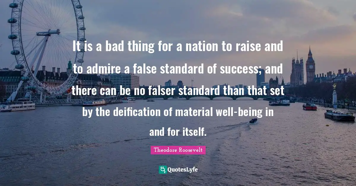 It is a bad thing for a nation to raise and to admire a false standard of success; and there can be no falser standard than that set by the deification of material well-being in and for itself.