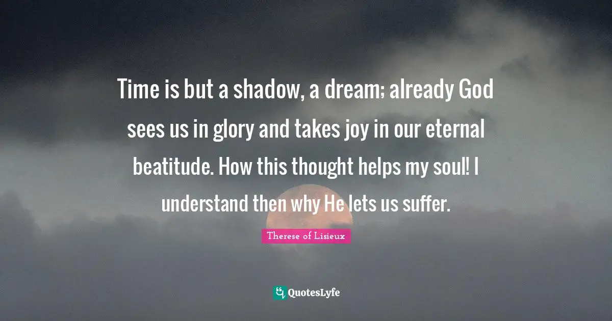 Time is but a shadow, a dream; already God sees us in glory and takes joy in our eternal beatitude. How this thought helps my soul! I understand then why He lets us suffer.
