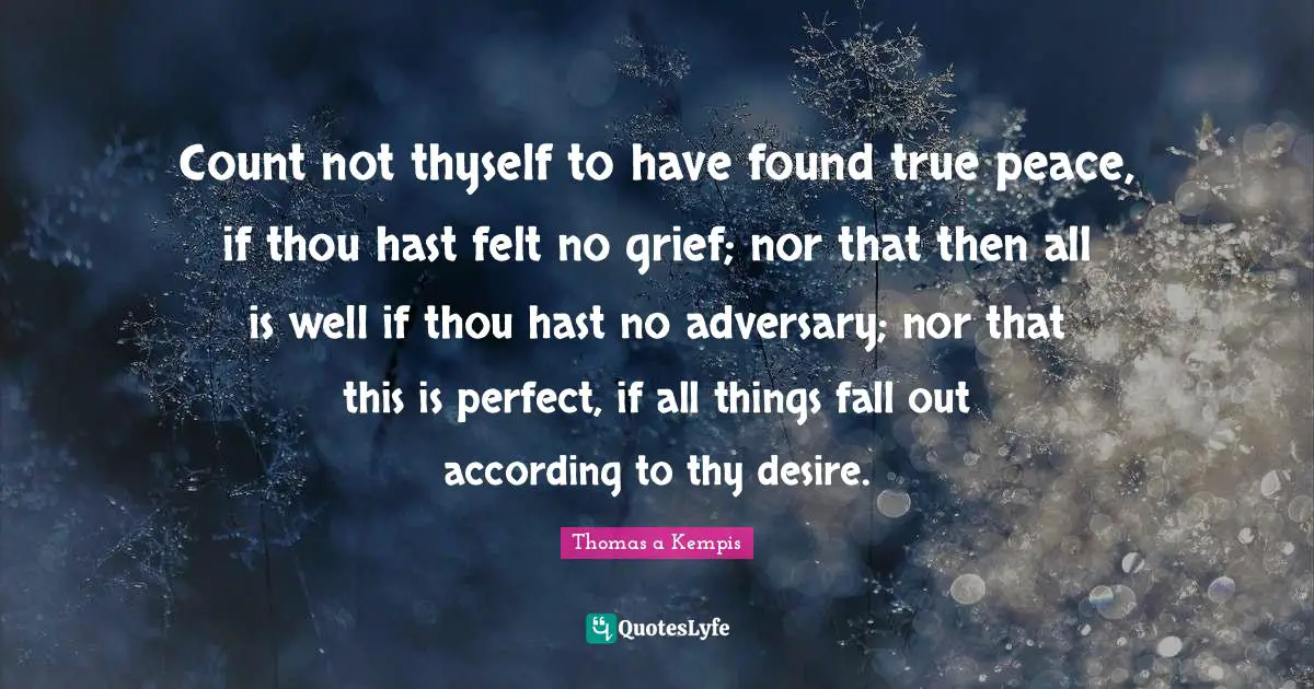 Count not thyself to have found true peace, if thou hast felt no grief; nor that then all is well if thou hast no adversary; nor that this is perfect, if all things fall out according to thy desire.