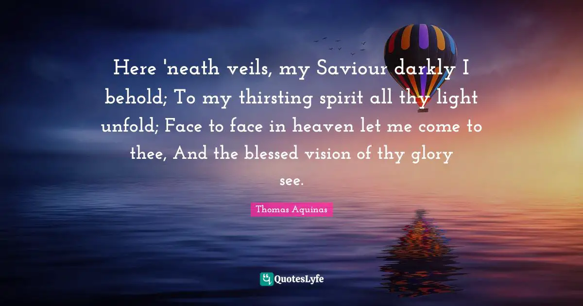 Here 'neath veils, my Saviour darkly I behold; To my thirsting spirit all thy light unfold; Face to face in heaven let me come to thee, And the blessed vision of thy glory see.