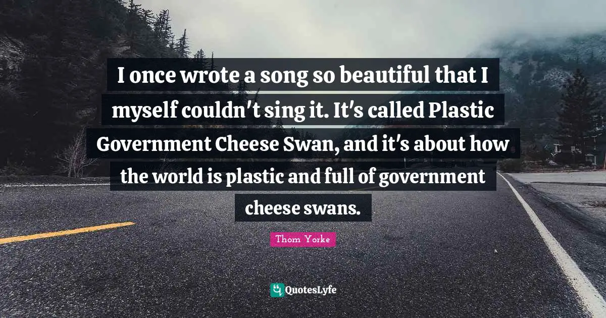I once wrote a song so beautiful that I myself couldn't sing it. It's called Plastic Government Cheese Swan, and it's about how the world is plastic and full of government cheese swans.