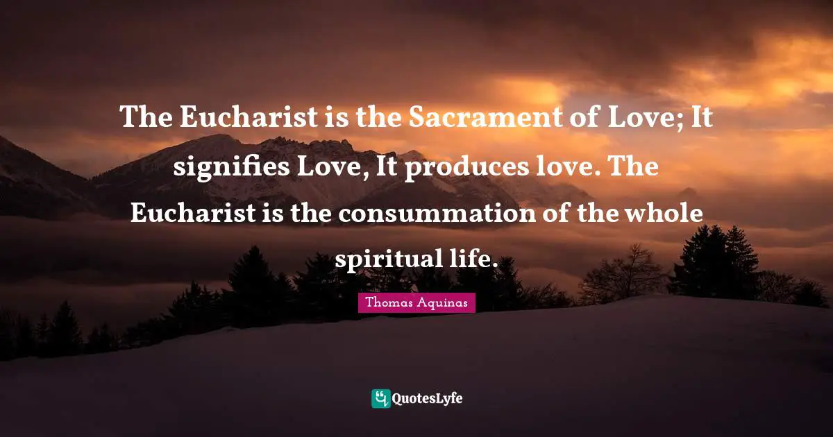 The Eucharist is the Sacrament of Love; It signifies Love, It produces love. The Eucharist is the consummation of the whole spiritual life.