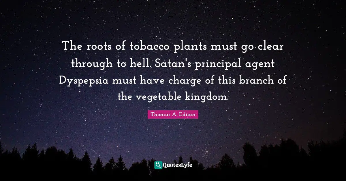 The roots of tobacco plants must go clear through to hell. Satan's principal agent Dyspepsia must have charge of this branch of the vegetable kingdom.