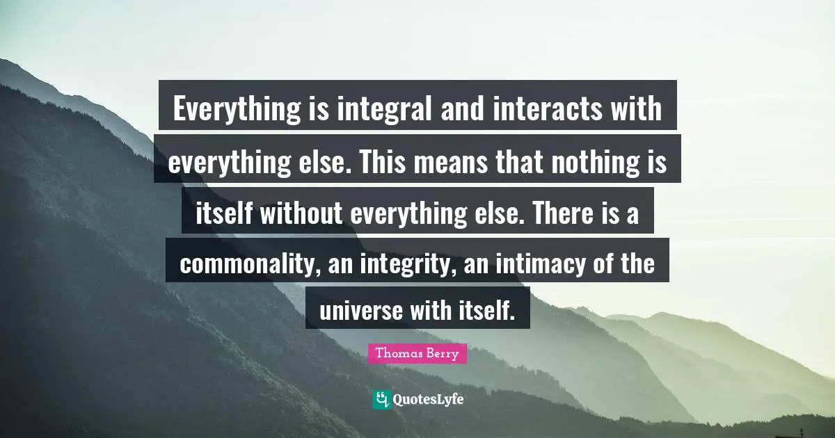 Everything is integral and interacts with everything else. This means that nothing is itself without everything else. There is a commonality, an integrity, an intimacy of the universe with itself.