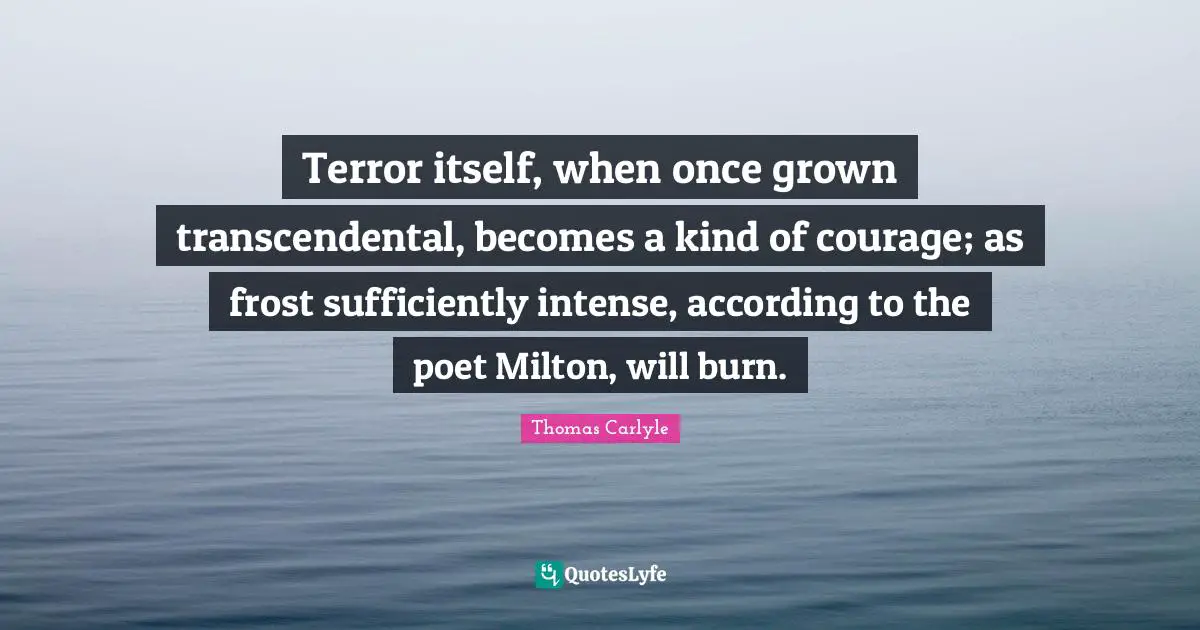 Frost Quotes: "Terror itself, when once grown transcendental, becomes a kind of courage; as frost sufficiently intense, according to the poet Milton, will burn."