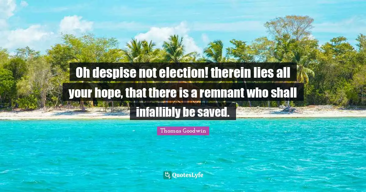 Thomas Goodwin Quotes: Oh despise not election! therein lies all your hope, that there is a remnant who shall infallibly be saved.