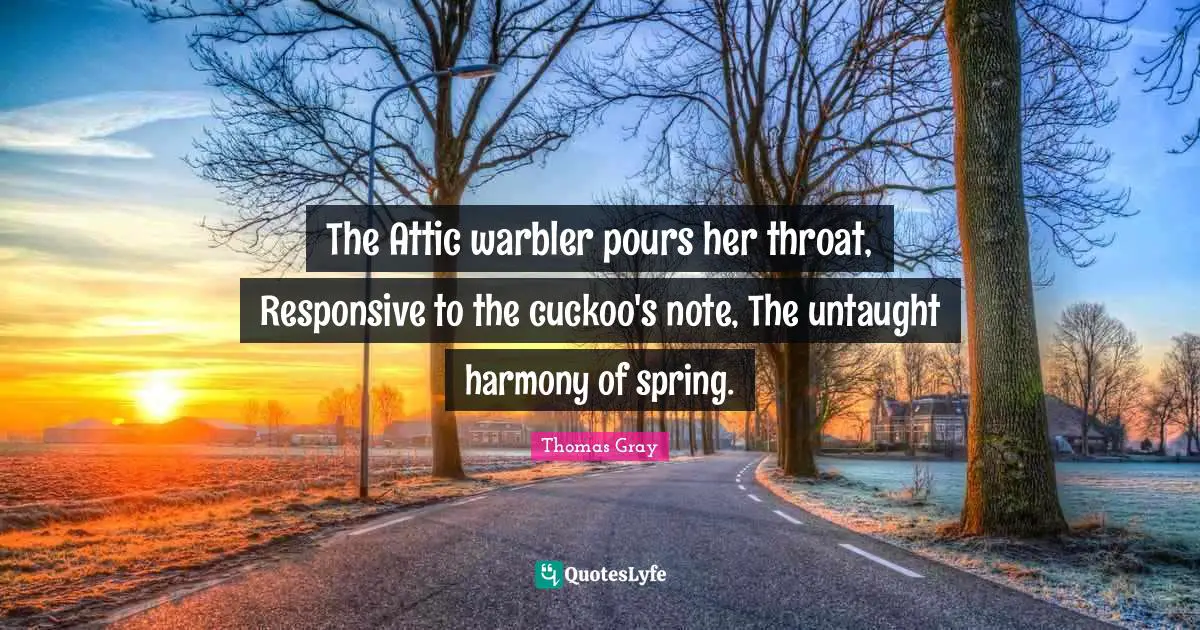 Thomas Gray Quotes: "The Attic warbler pours her throat, Responsive to the cuckoo's note, The untaught harmony of spring."