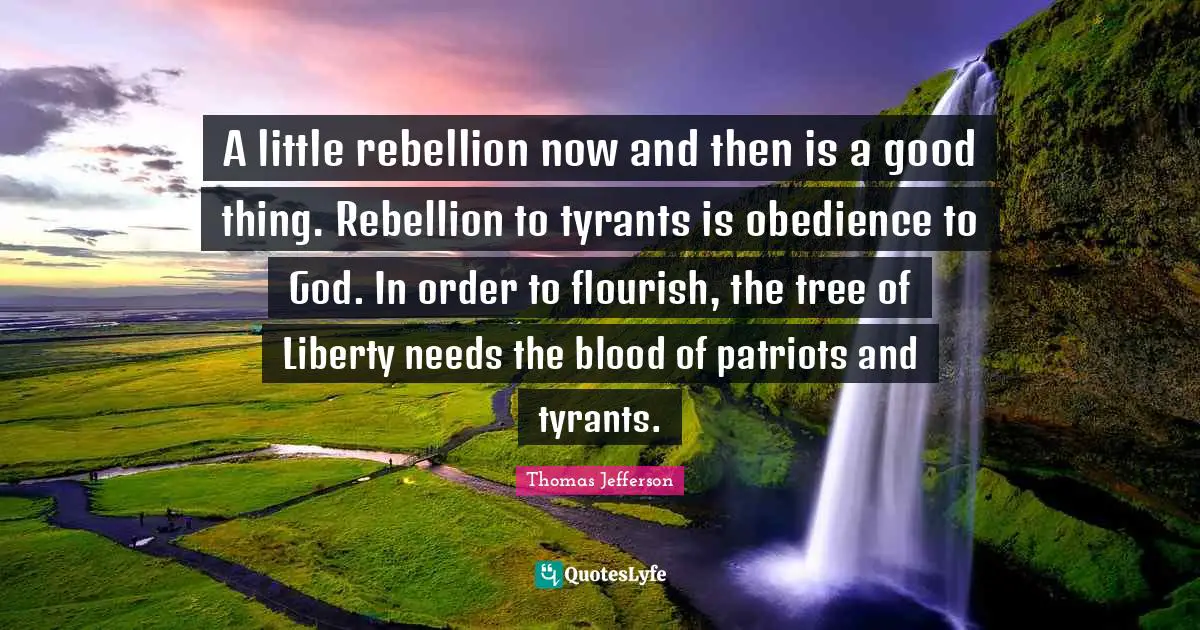A little rebellion now and then is a good thing. Rebellion to tyrants is obedience to God. In order to flourish, the tree of Liberty needs the blood of patriots and tyrants.