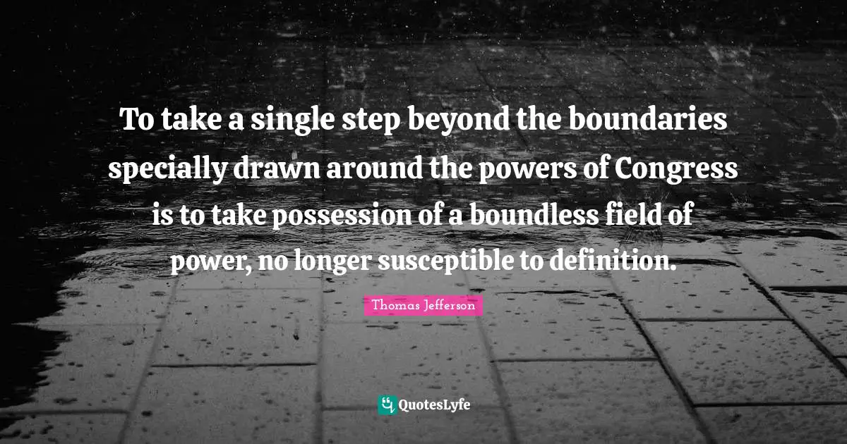 Boundless Quotes: "To take a single step beyond the boundaries specially drawn around the powers of Congress is to take possession of a boundless field of power, no longer susceptible to definition."