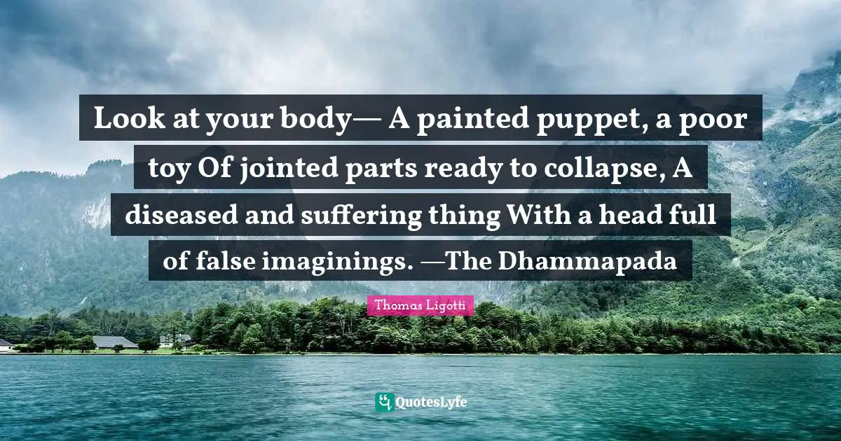 Look at your body— A painted puppet, a poor toy Of jointed parts ready to collapse, A diseased and suffering thing With a head full of false imaginings. —The Dhammapada