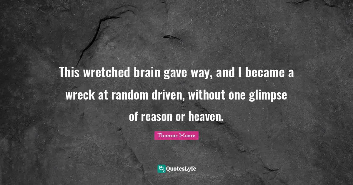 This wretched brain gave way, and I became a wreck at random driven, without one glimpse of reason or heaven.