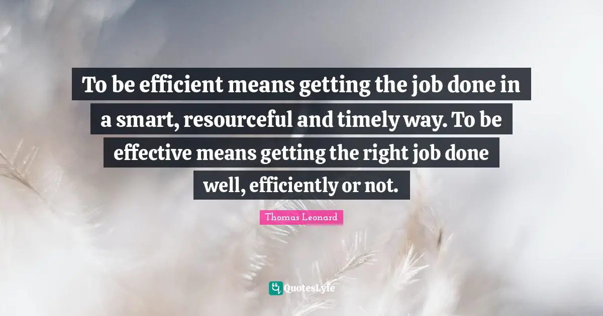 To be efficient means getting the job done in a smart, resourceful and timely way. To be effective means getting the right job done well, efficiently or not.