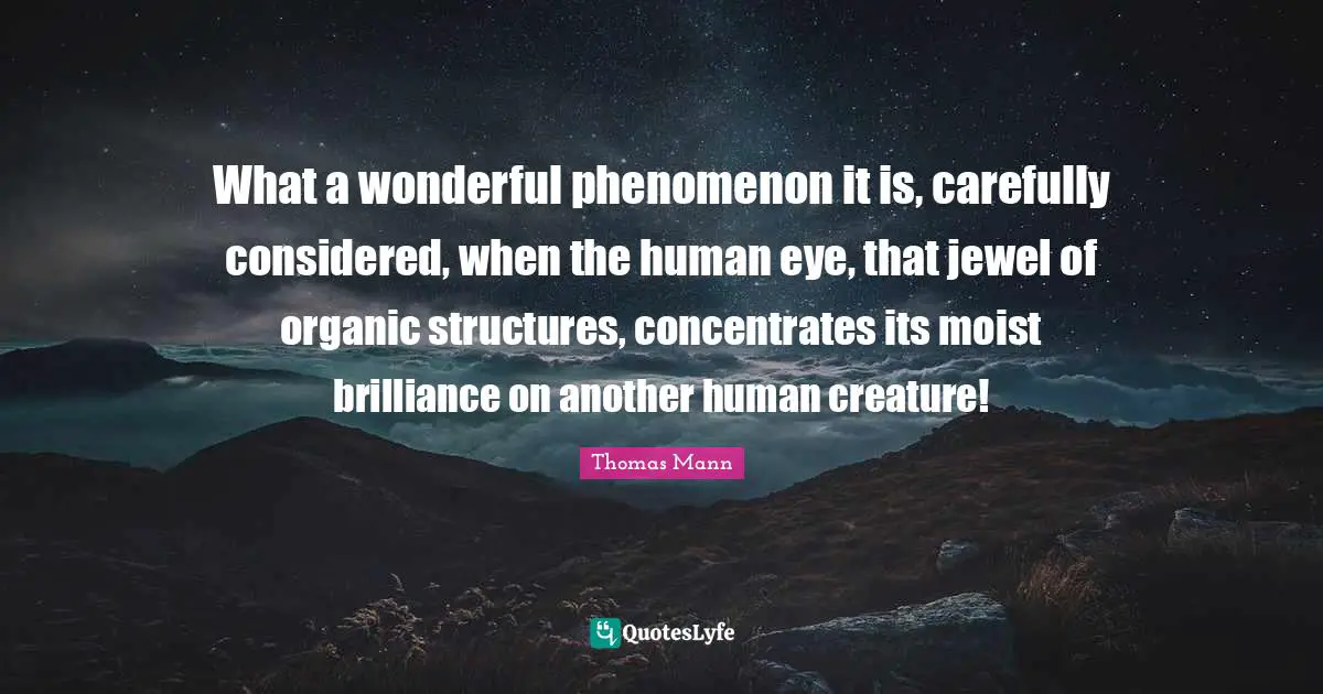 What a wonderful phenomenon it is, carefully considered, when the human eye, that jewel of organic structures, concentrates its moist brilliance on another human creature!