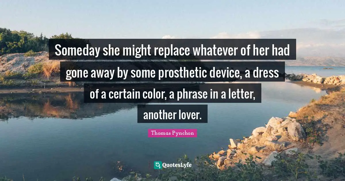 Someday she might replace whatever of her had gone away by some prosthetic device, a dress of a certain color, a phrase in a letter, another lover.