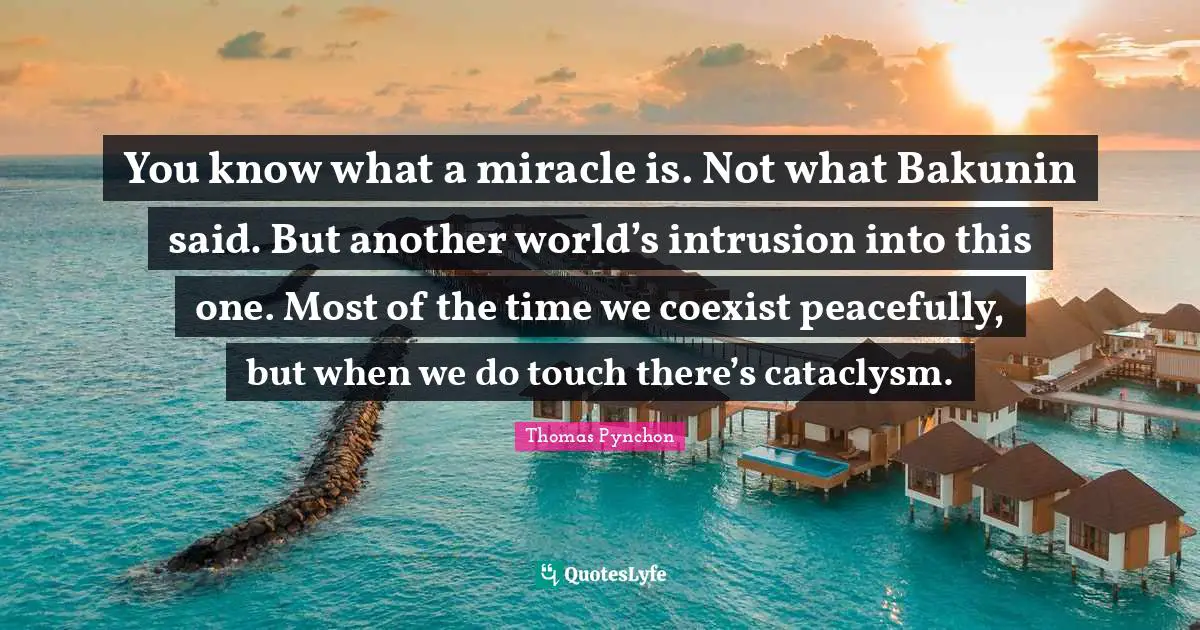 You know what a miracle is. Not what Bakunin said. But another world’s intrusion into this one. Most of the time we coexist peacefully, but when we do touch there’s cataclysm.
