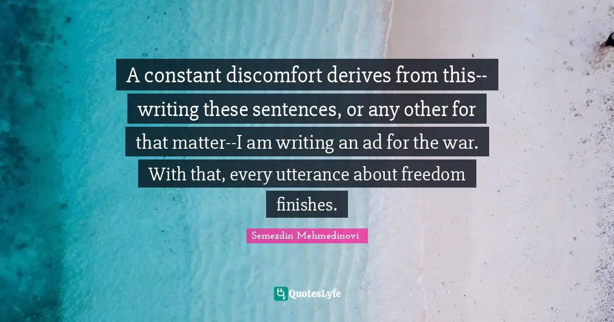 A constant discomfort derives from this--writing these sentences, or any other for that matter--I am writing an ad for the war. With that, every utterance about freedom finishes.
