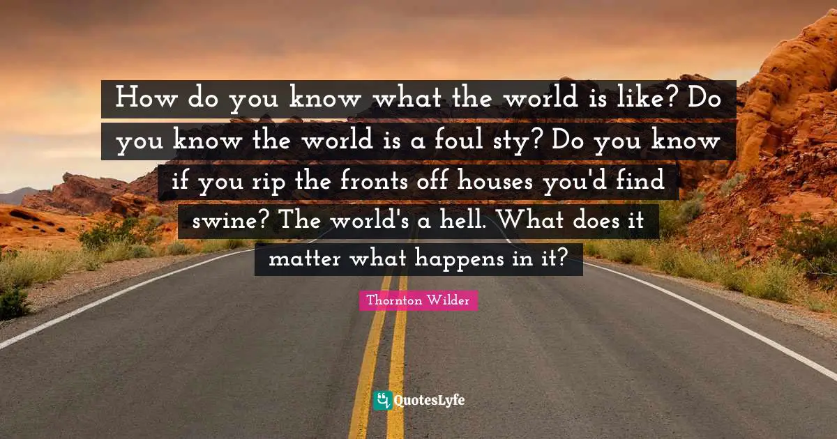 How do you know what the world is like? Do you know the world is a foul sty? Do you know if you rip the fronts off houses you'd find swine? The world's a hell. What does it matter what happens in it?