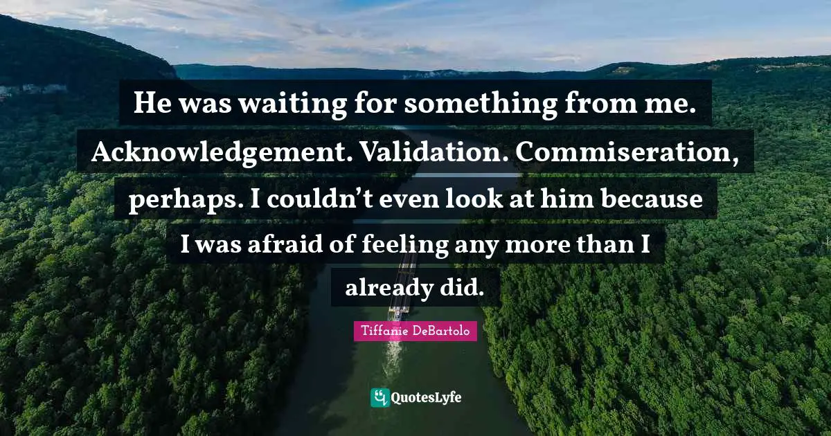 Tiffanie DeBartolo Quotes: "He was waiting for something from me. Acknowledgement. Validation. Commiseration, perhaps. I couldn’t even look at him because I was afraid of feeling any more than I already did."